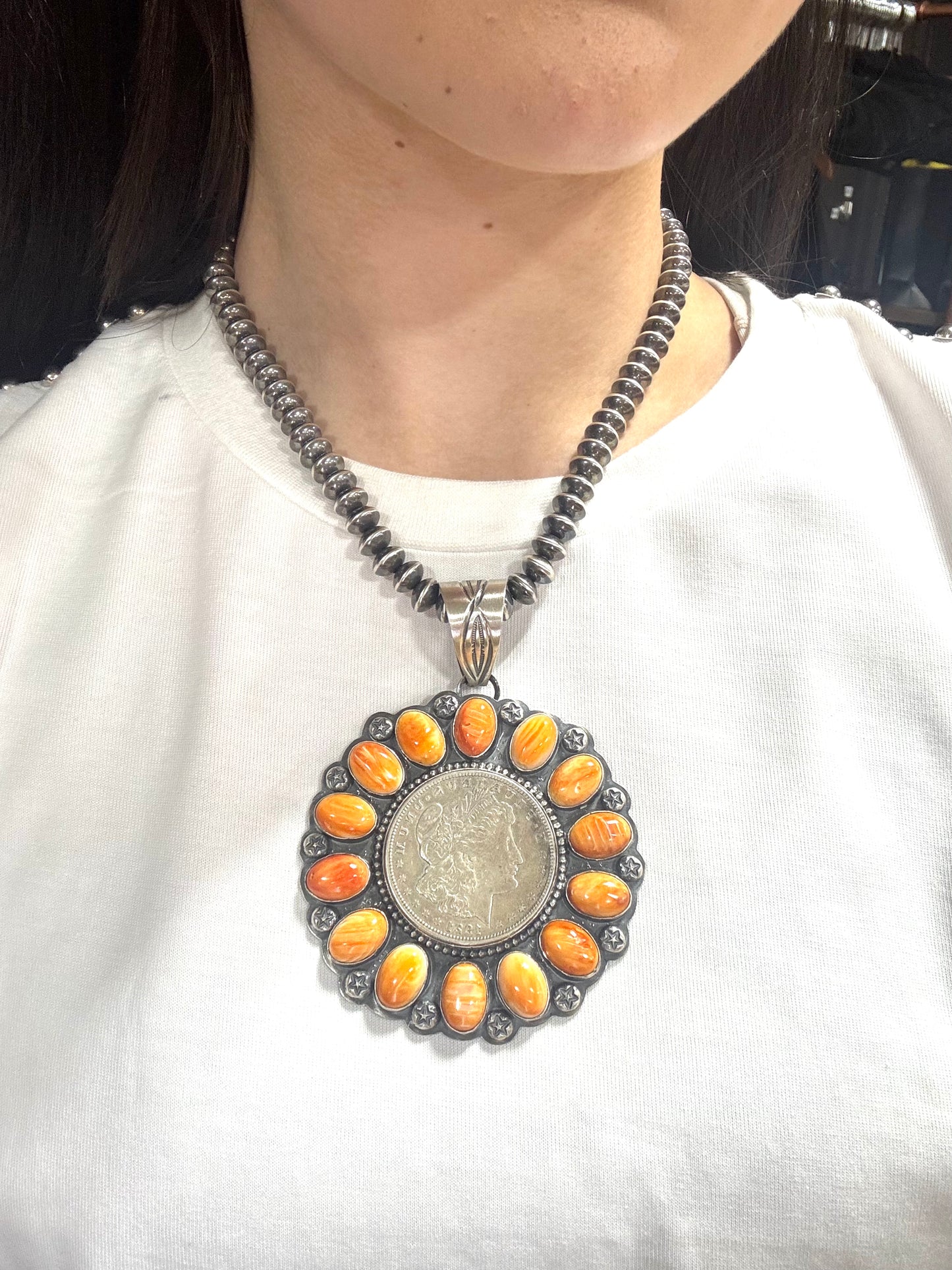 1921 Coin & Orange Spiny Oyster Pendant
