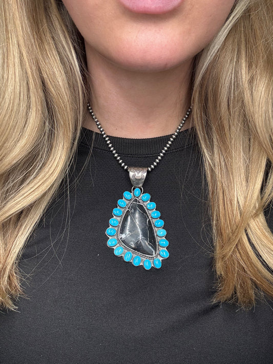 White Buffalo and Turquoise Pendant by Ned Nez, Navajo