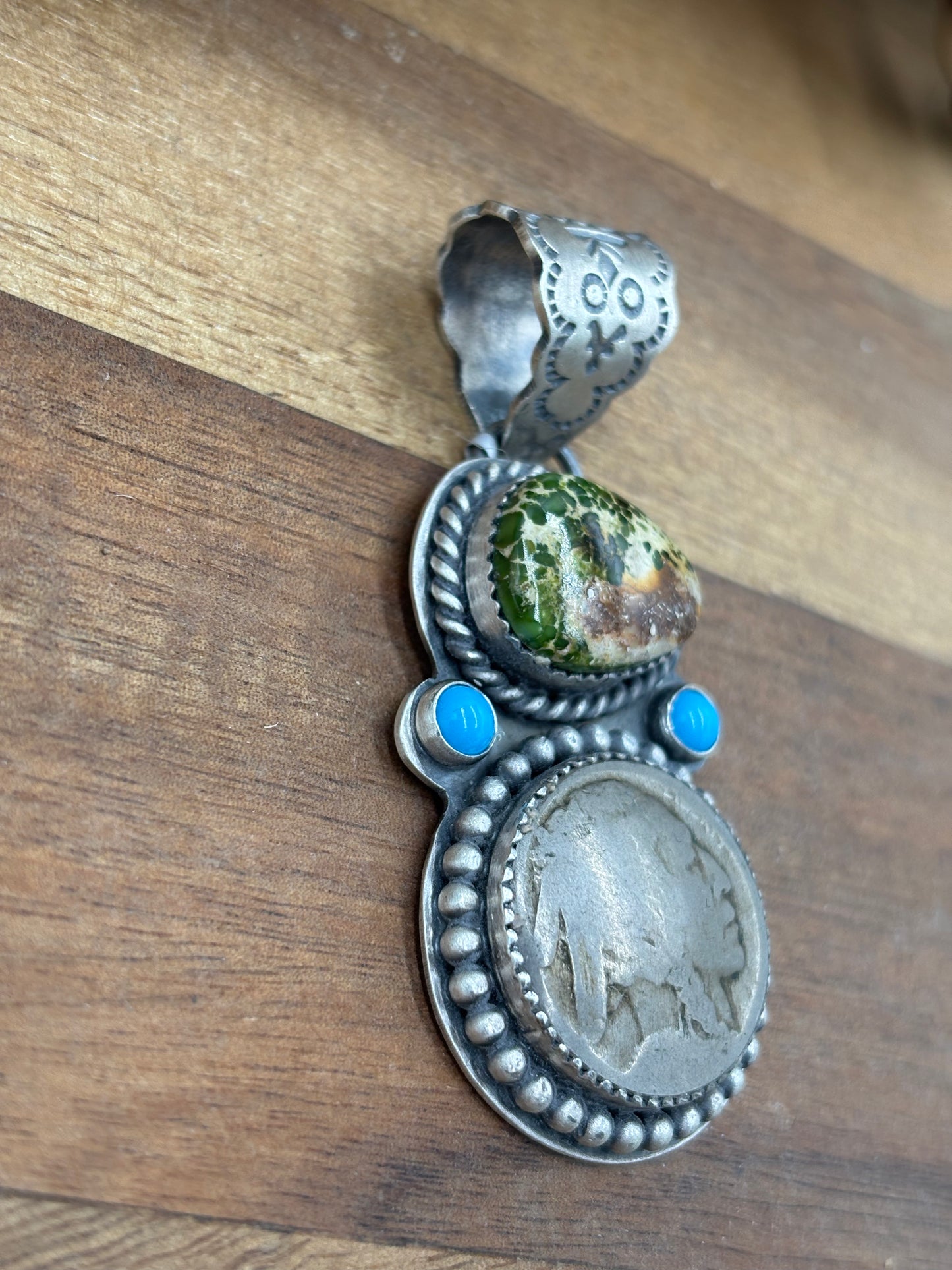 Sonoran Gold Turquoise Chief Head Nickel Pendant