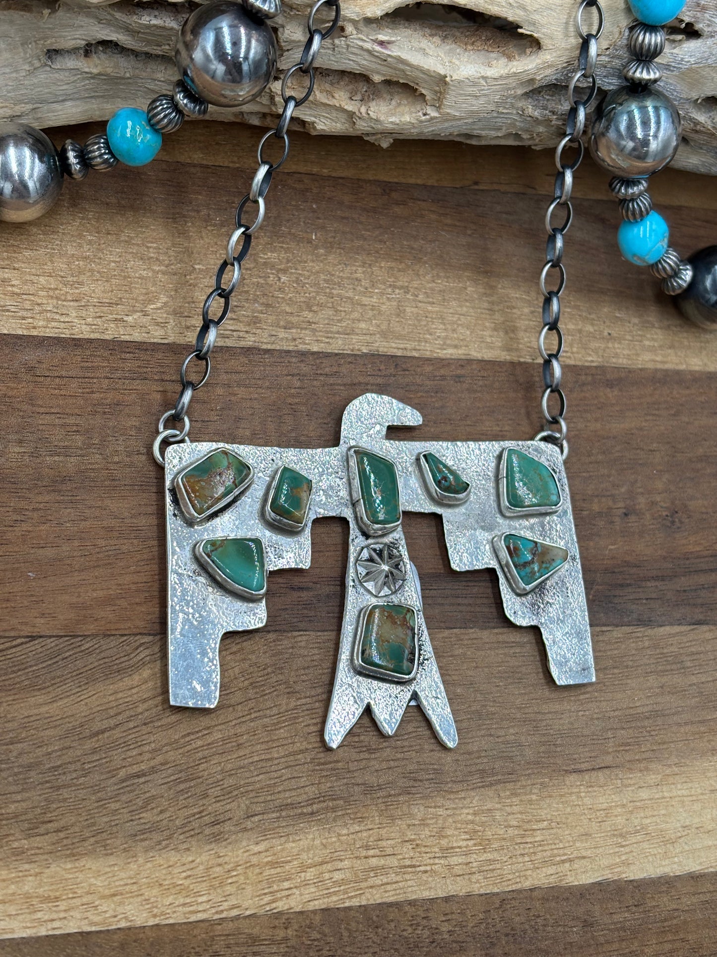 Kingman Turquoise Zuni Thunderbird Necklace by Jude Candeleria, Zuni