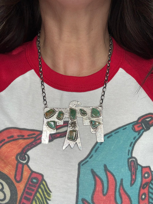 Kingman Turquoise Zuni Thunderbird Necklace by Jude Candeleria, Zuni