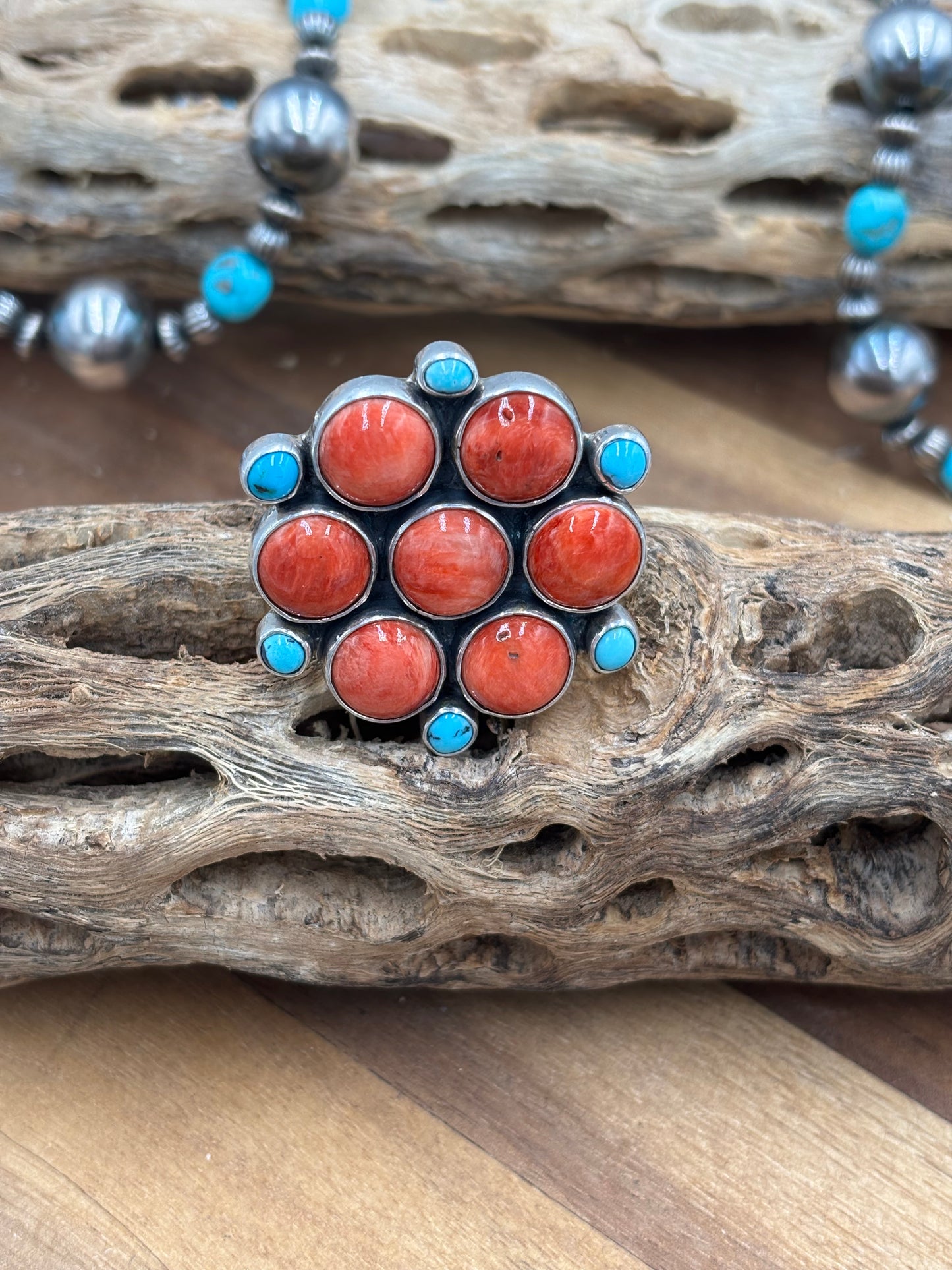 Red Spiny & Turquoise Adjustable Ring #1 by Federico Jimenez