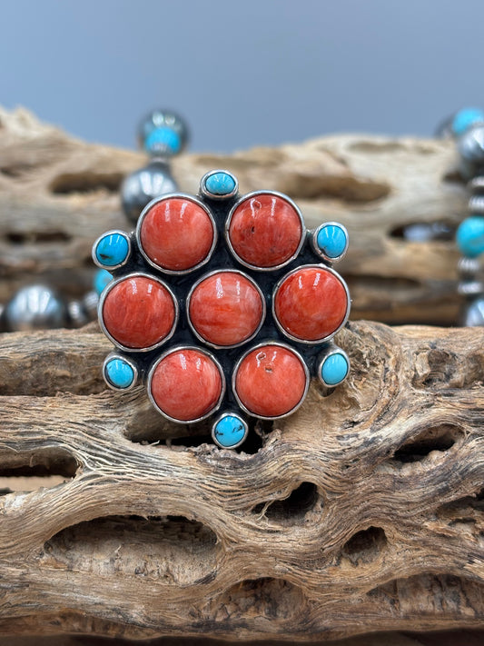 Red Spiny & Turquoise Adjustable Ring #1 by Federico Jimenez