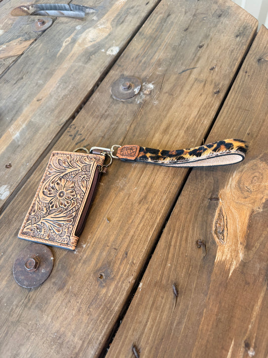 Leopard & Chocolate Leather Card Wallet Wristlet