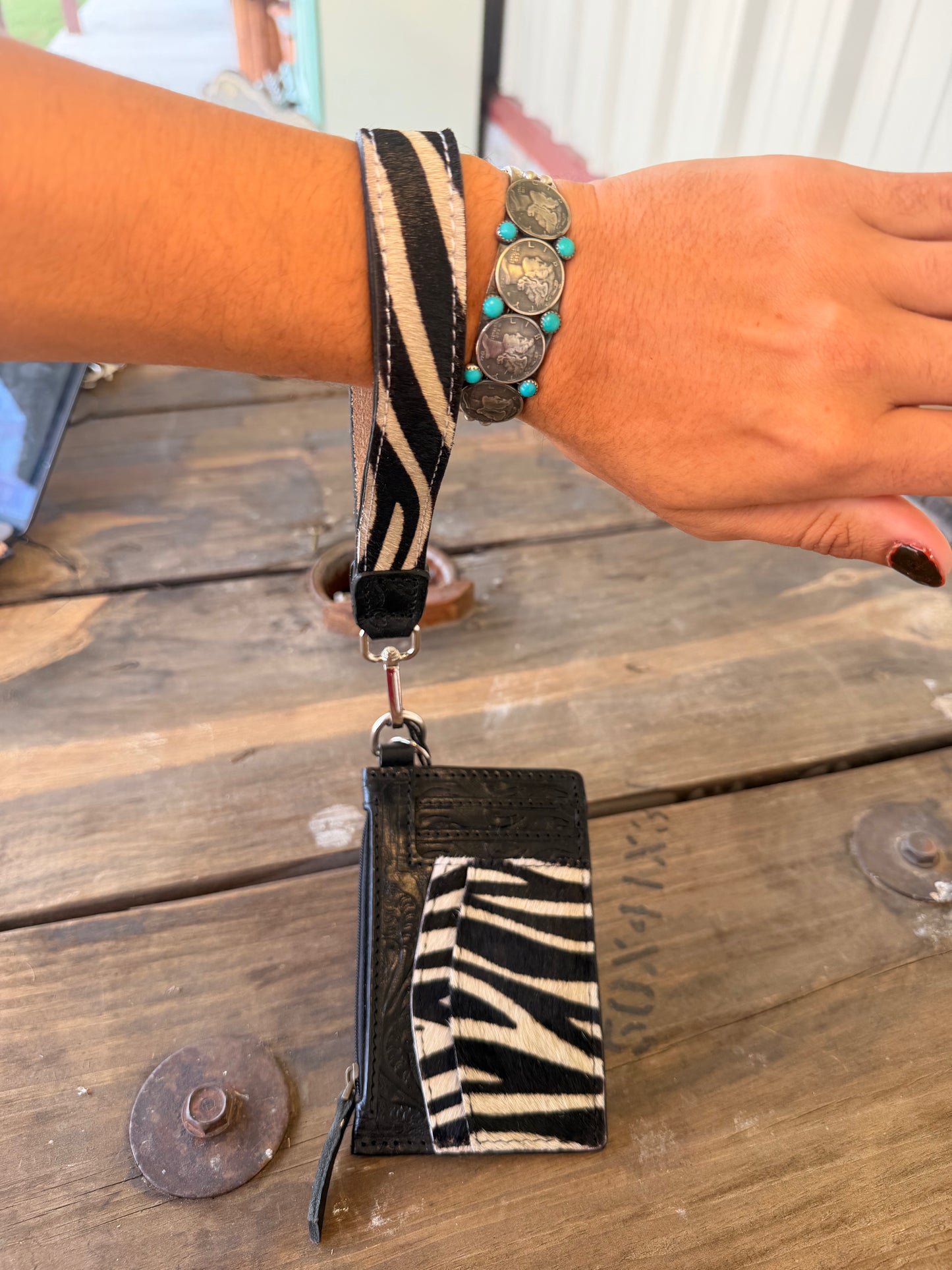 Zebra & Black Leather Card Wallet Wristlet