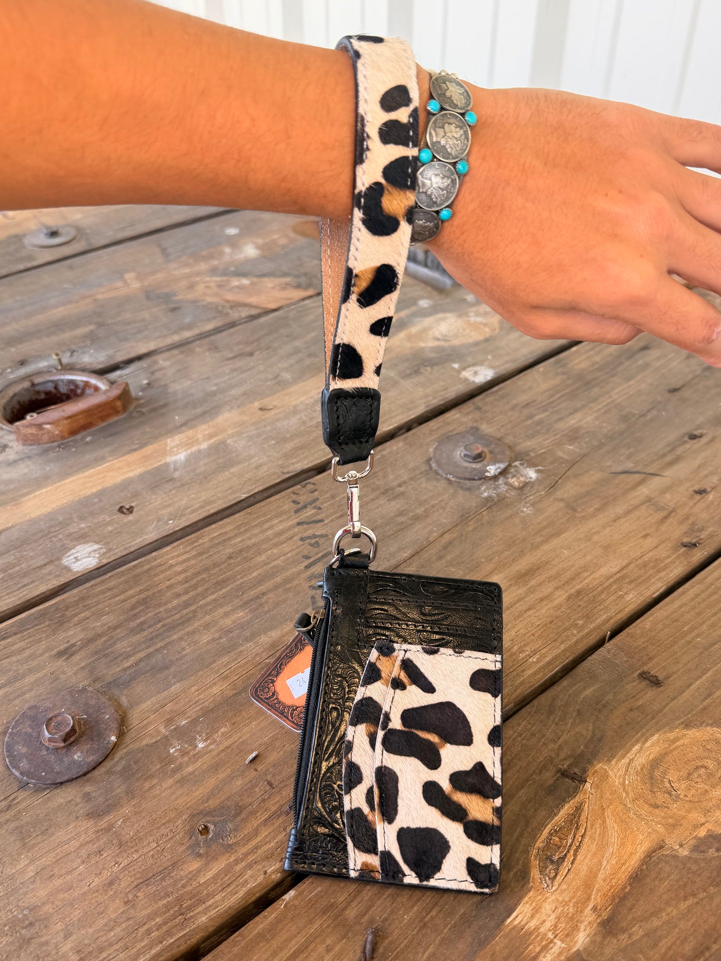 Leopard & Black Leather Card Wallet Wristlet