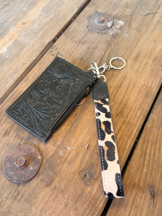 Leopard & Black Leather Card Wallet Wristlet