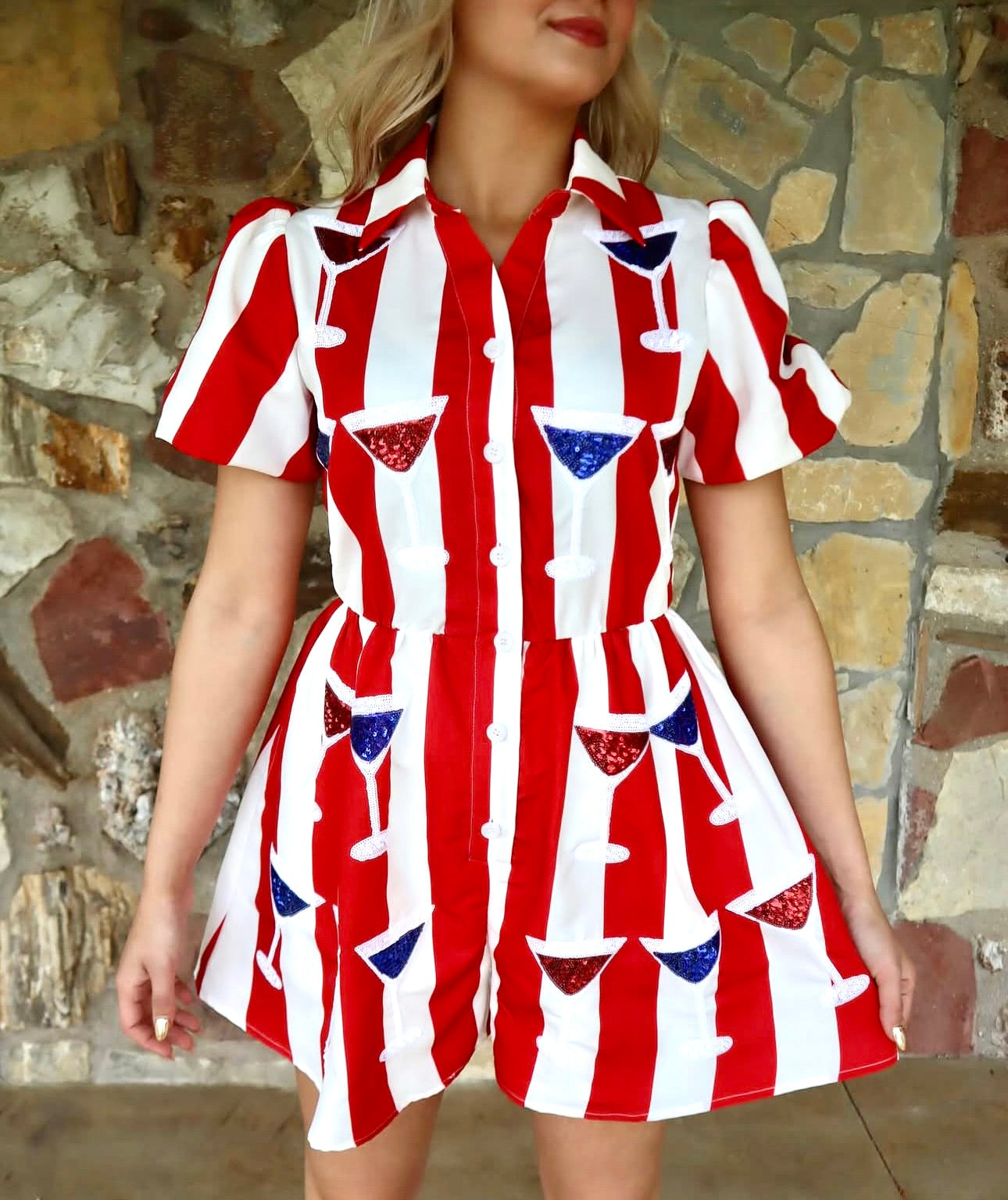 The Martina Red, White, & Blue Martini Sequin Romper