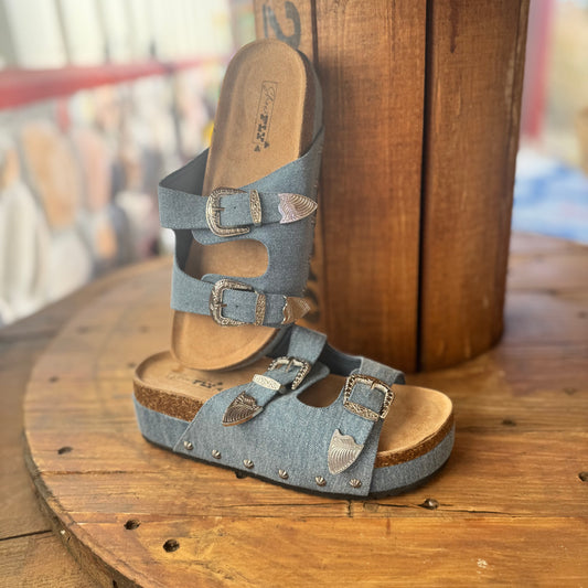 Platinum Buckles Denim Slides Sandals