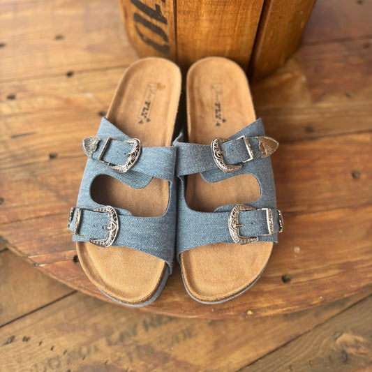 Platinum Buckles Denim Slides Sandals
