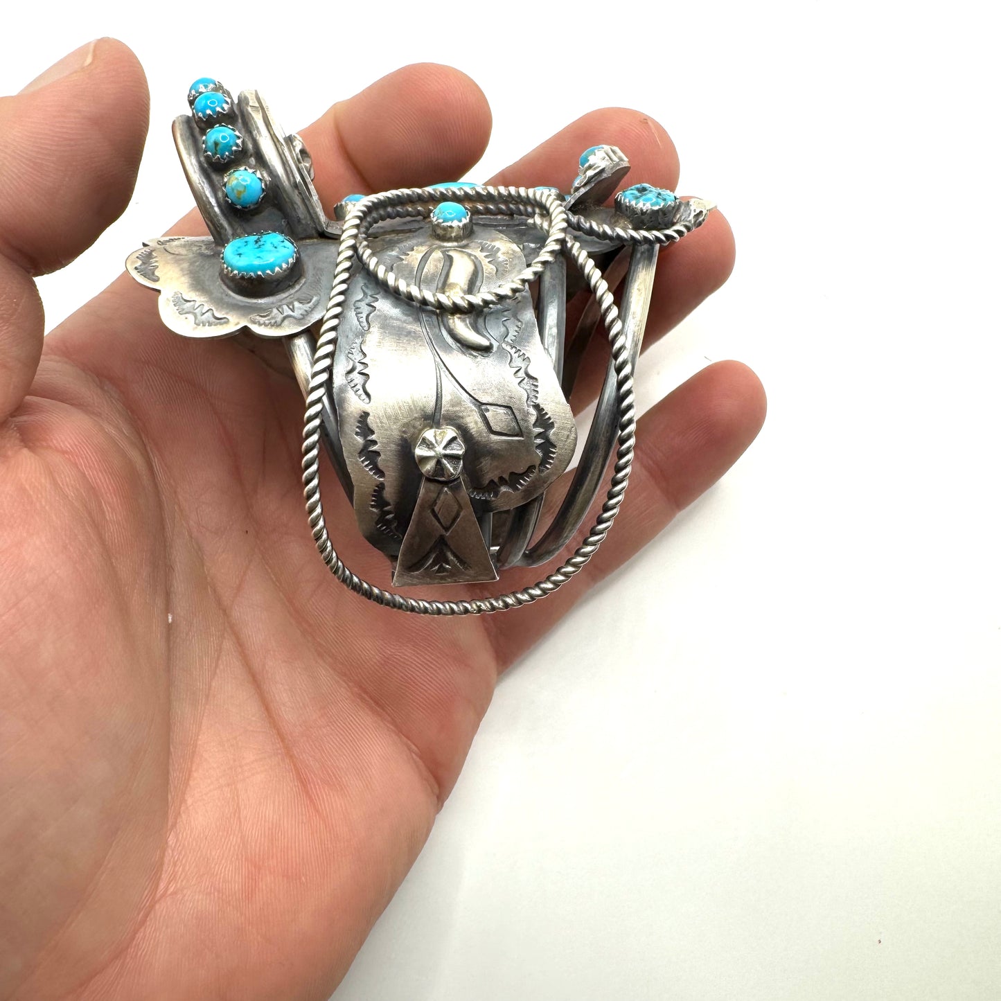 Saddle Cuff Bracelet with Turquoise by Navajo Artist Timothy Yazzie
