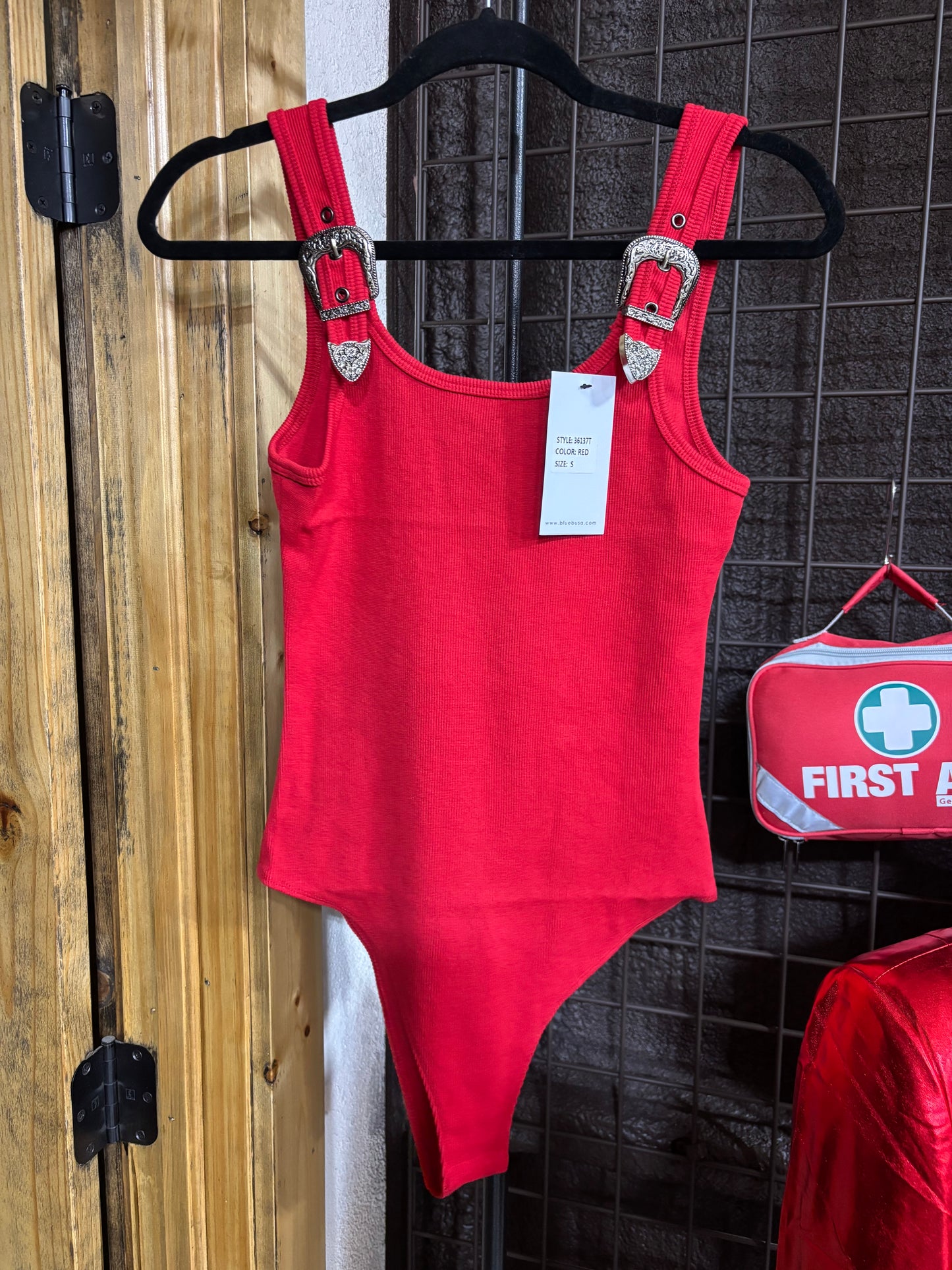 Rhinestone Buckle Red Bodysuit