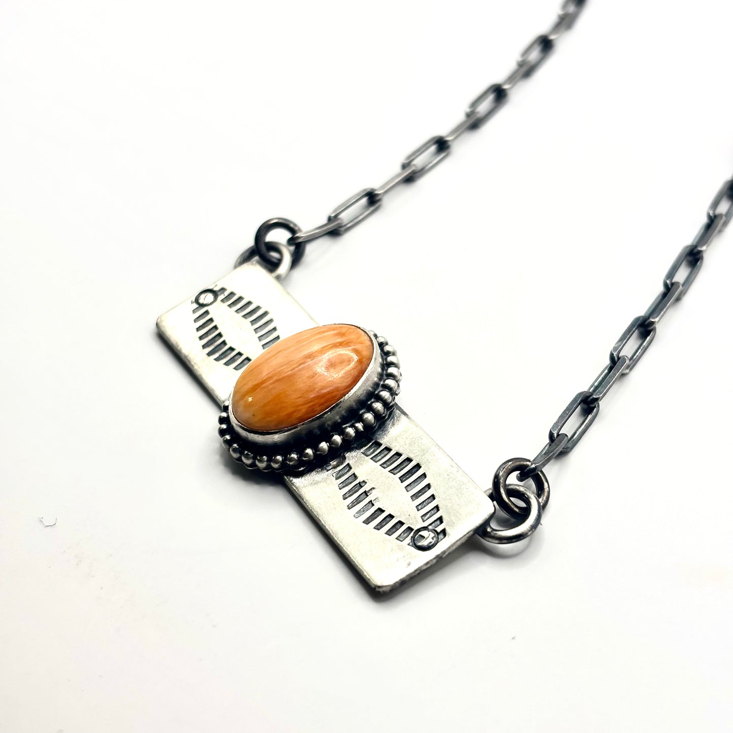 18" Orange Spiny Oyster Stamped Bar Necklace