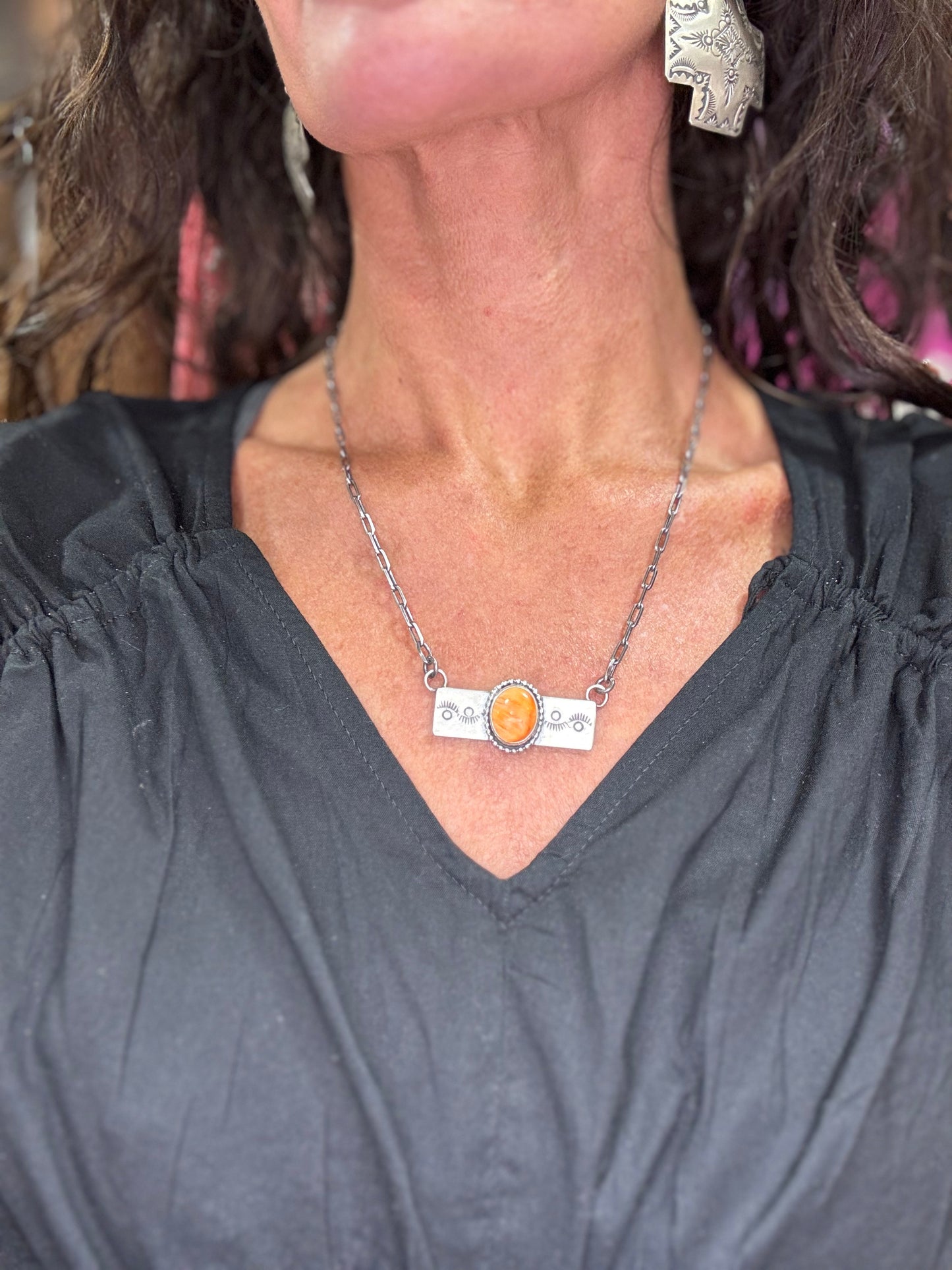 18" Orange Spiny Oyster Stamped Bar Necklace Native Made by Danny Henio