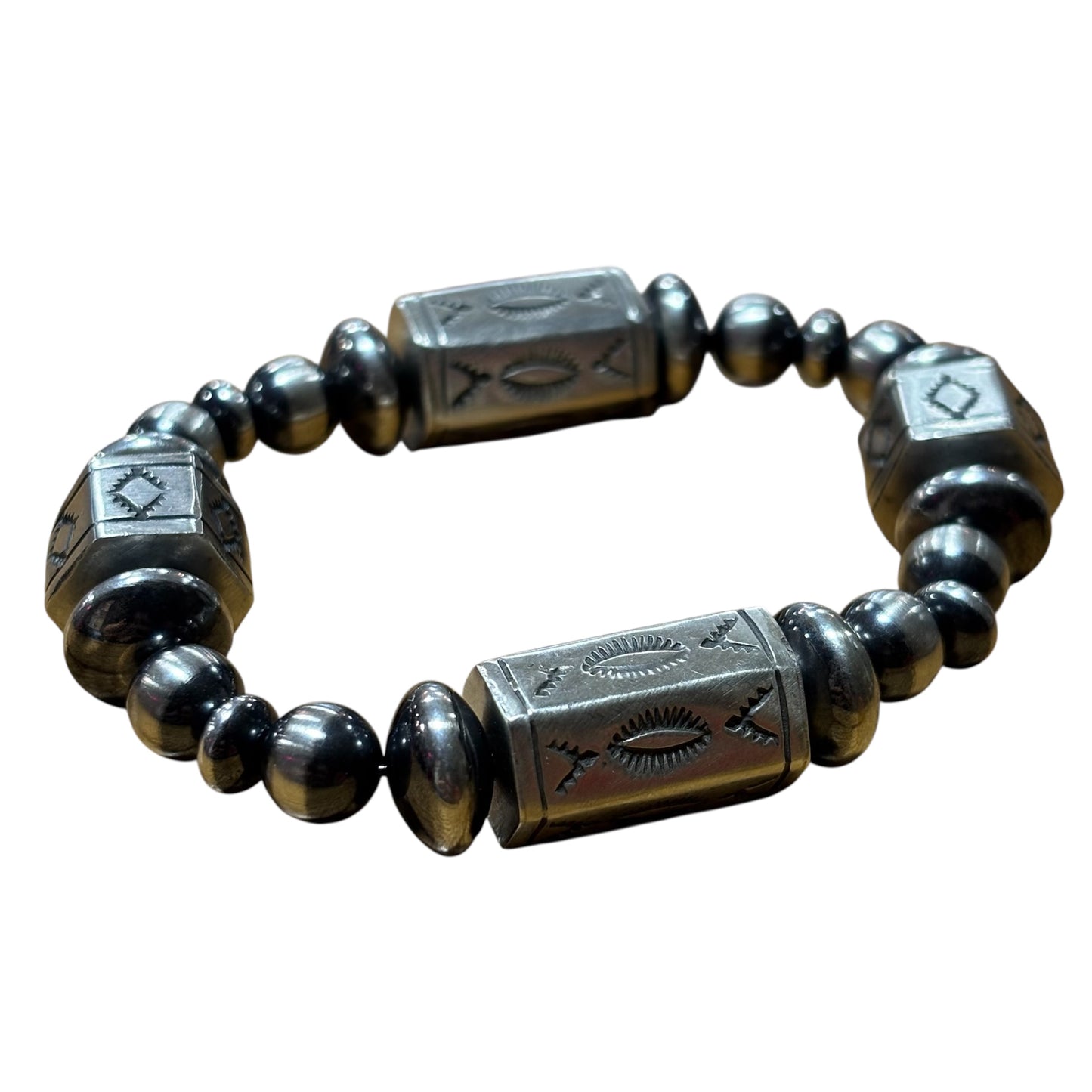 Stamped Sterling Barrel Bead Bracelet