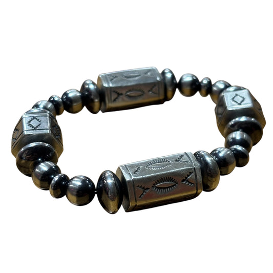 Stamped Sterling Barrel Bead Bracelet