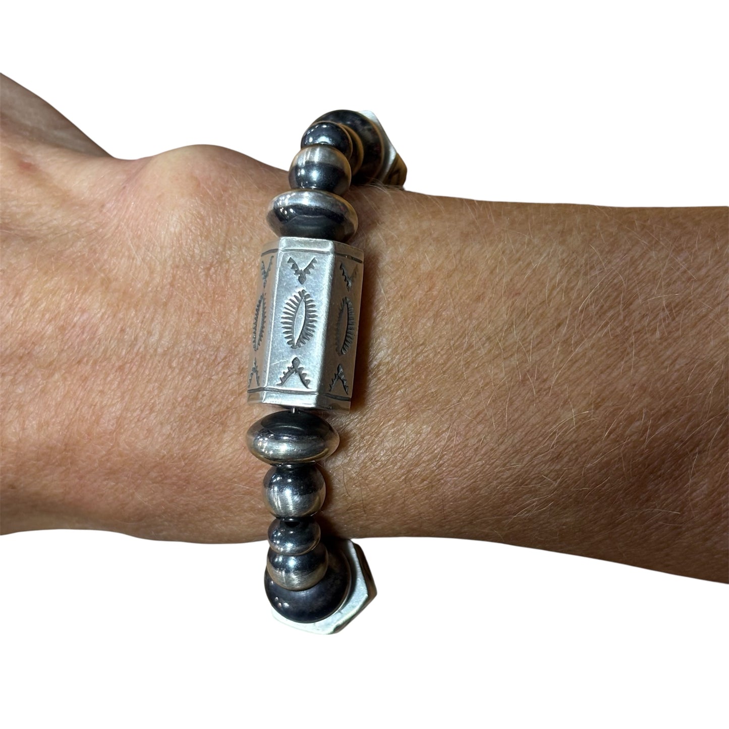 Stamped Sterling Barrel Bead Bracelet