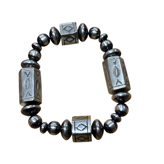Stamped Sterling Barrel Bead Bracelet