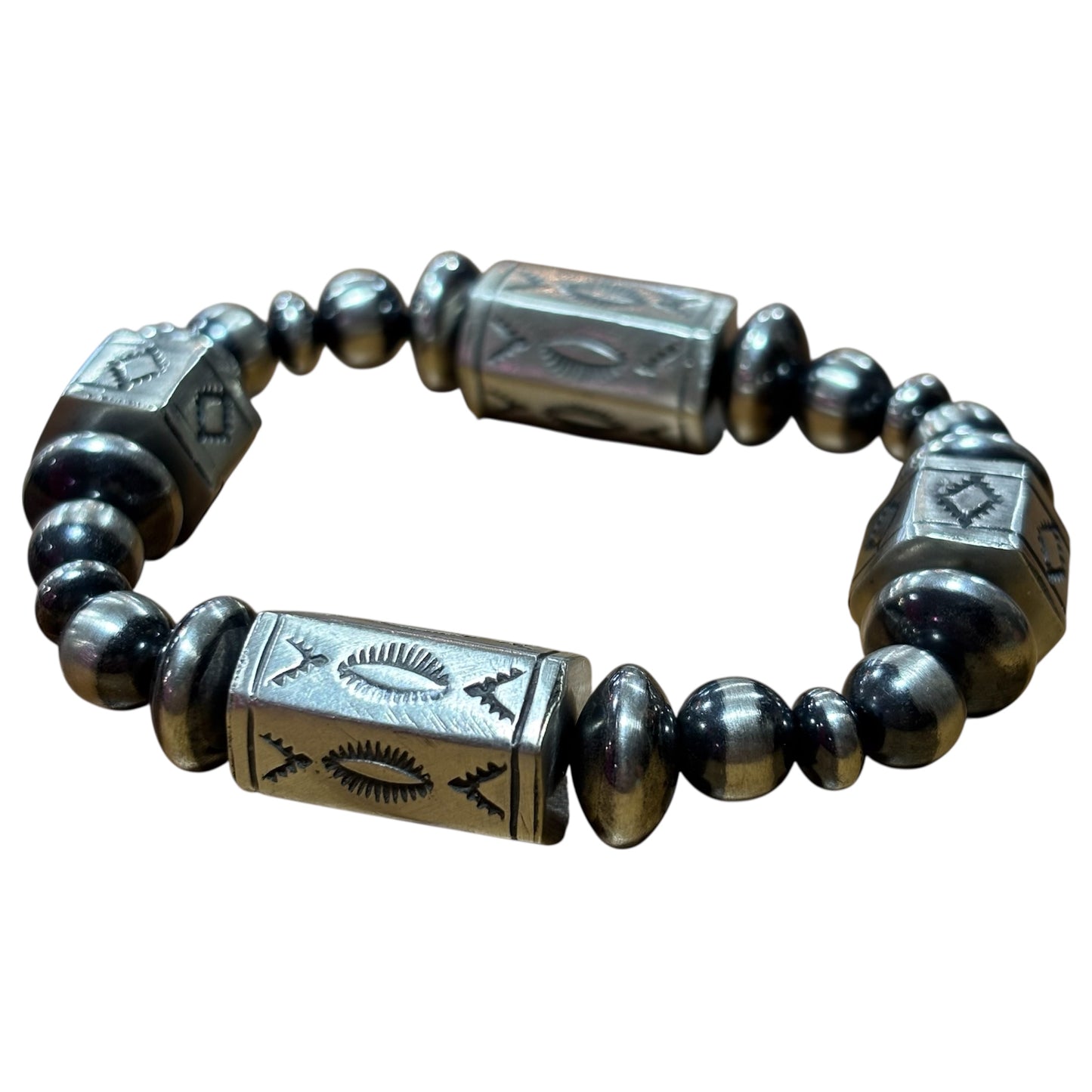 Stamped Sterling Barrel Bead Bracelet
