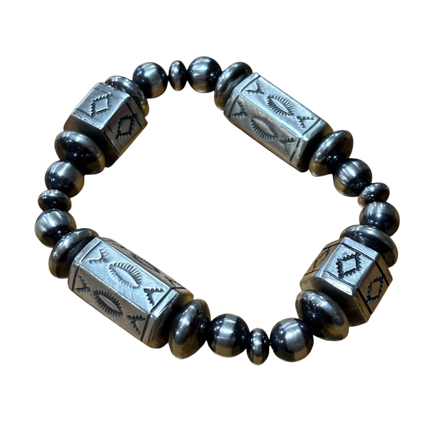 Stamped Sterling Barrel Bead Bracelet