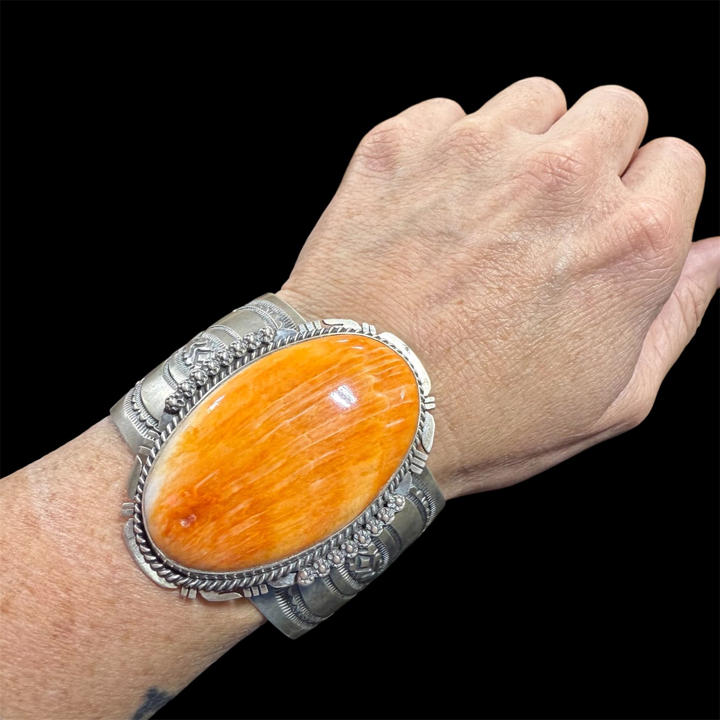 Orange Spiny Cuff by J Nelson, Navajo