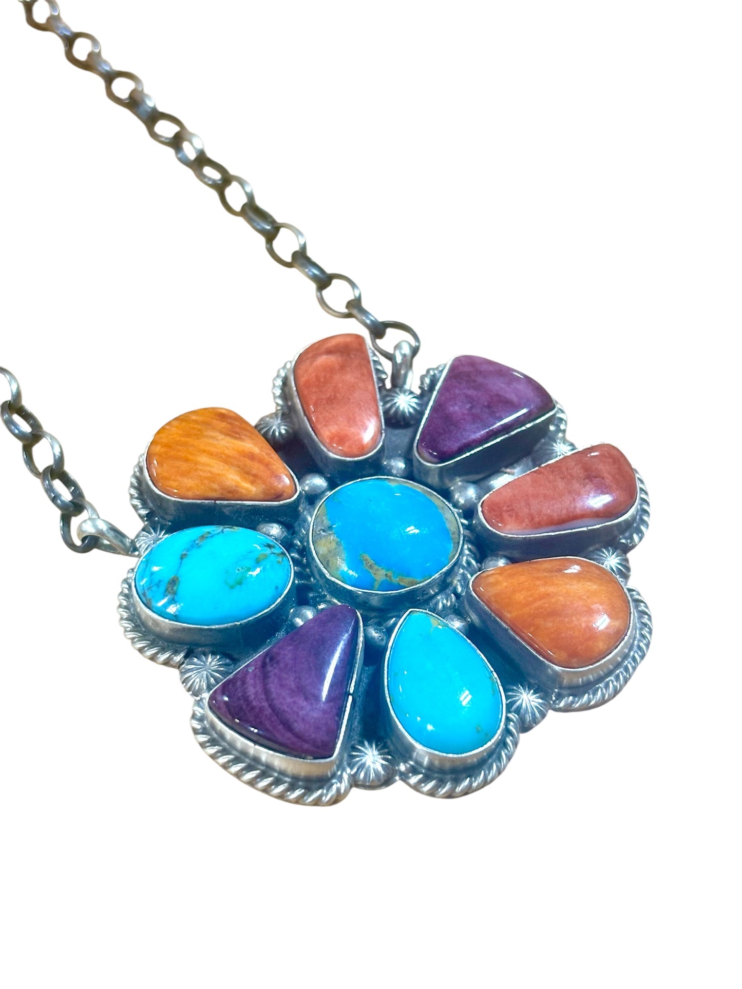 16" Multi-Stone Turquoise & Spiny Oyster Cluster Necklace By Elouise Kee