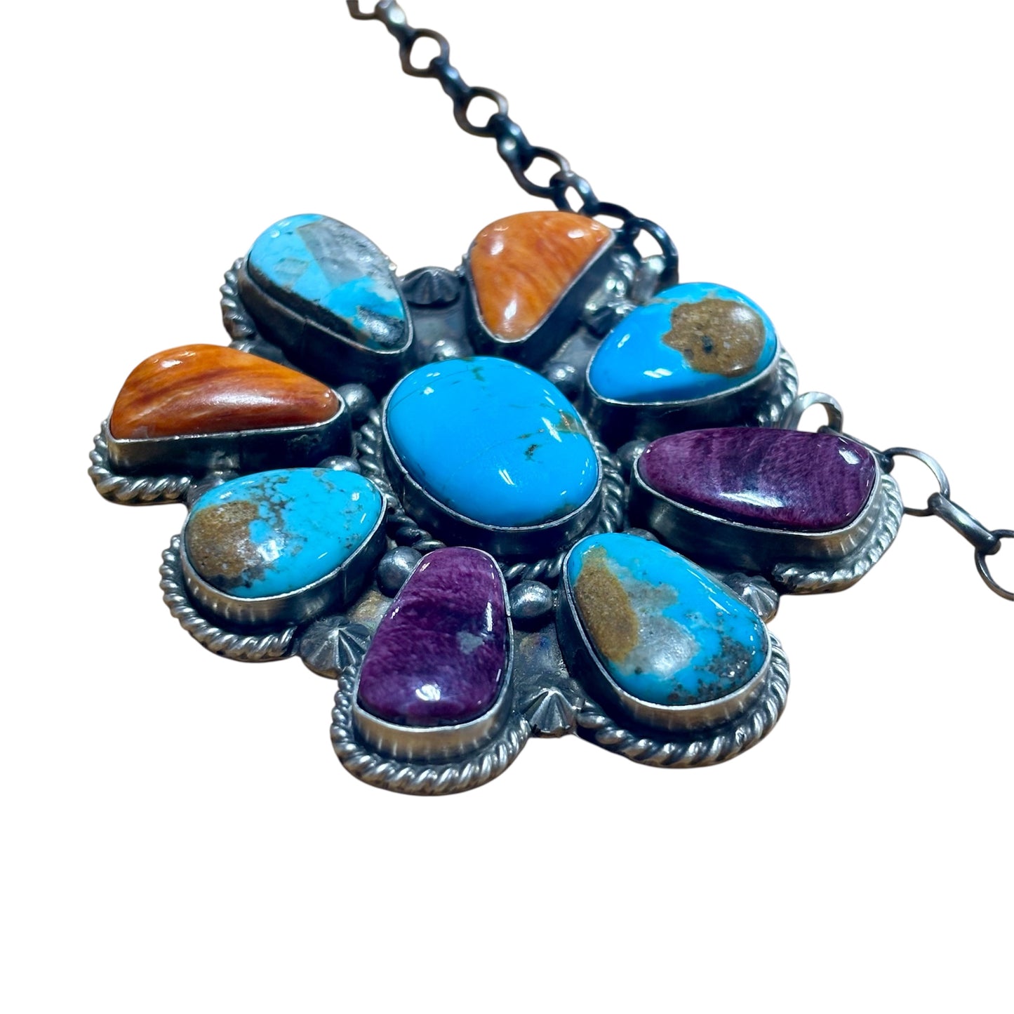16" Multi-Stone Turquoise & Spiny Oyster Cluster Necklace By Elouise Kee