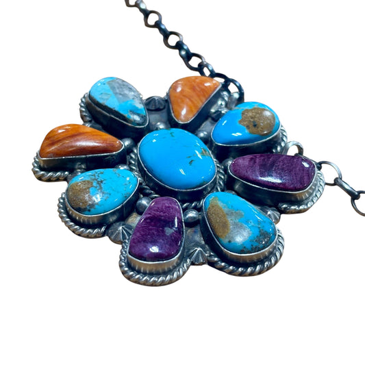 16" Multi-Stone Turquoise & Spiny Oyster Cluster Necklace By Elouise Kee