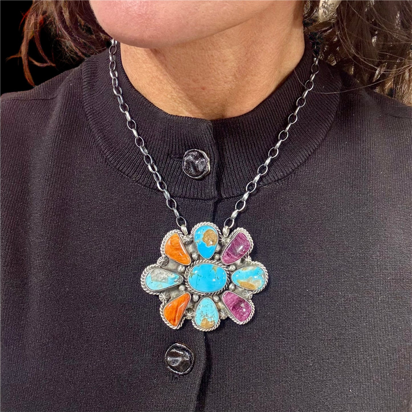 16" Multi-Stone Turquoise & Spiny Oyster Cluster Necklace By Elouise Kee