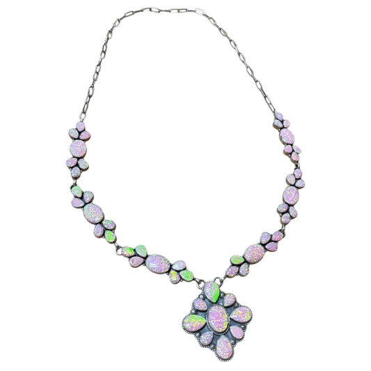 31" with 2"  Cluster Pendant Pink Opal Necklace