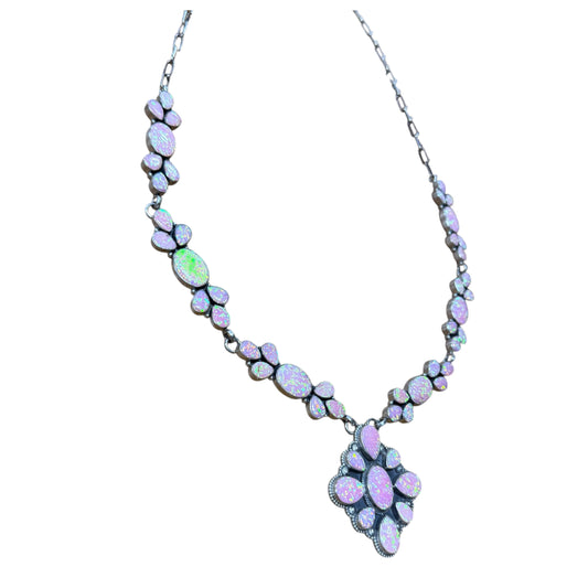 31" with 2"  Cluster Pendant Pink Opal Necklace