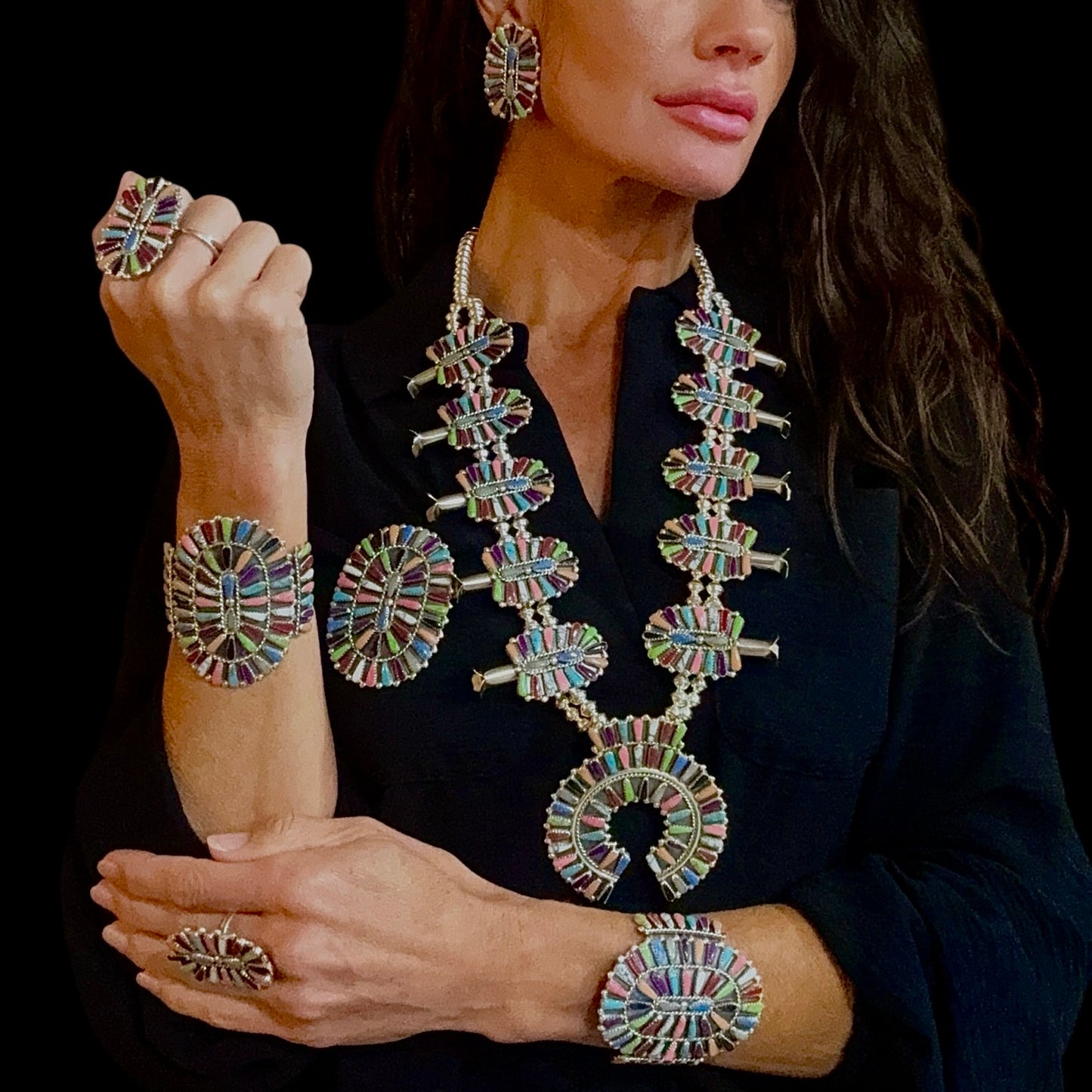 Mixed Block Stone Squash Blossom Necklace Set