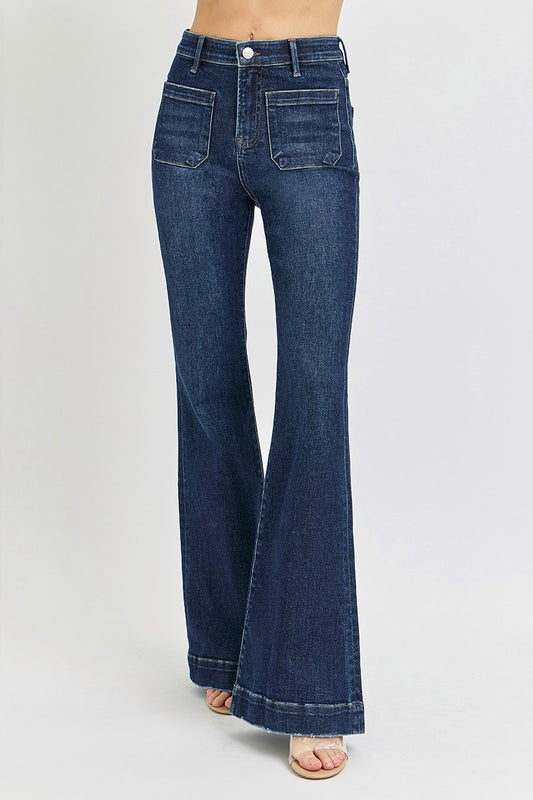 The Presley Plus Size Dark Wash High Rise Flare Front Patch Pocket Jeans