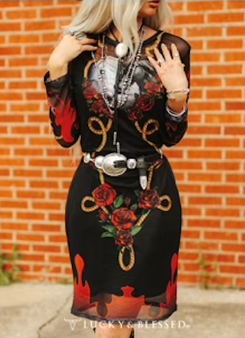 The Maria Black & Gold Red Rose Mesh Horse Dress