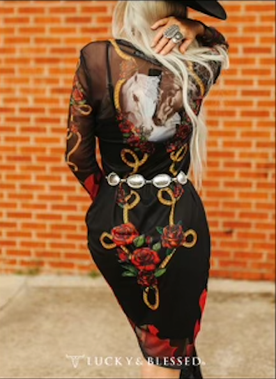 The Maria Black & Gold Red Rose Mesh Horse Dress