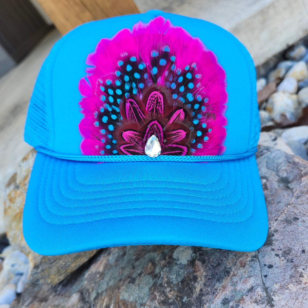 Neon Blue "Cosmic Cowgirl" Feathered Trucker Hat Ranch Glam