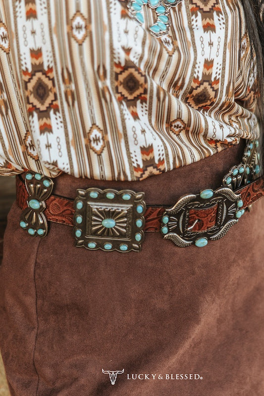 Brown Tooled Leather & Turquoise Ribbon Concho Belt