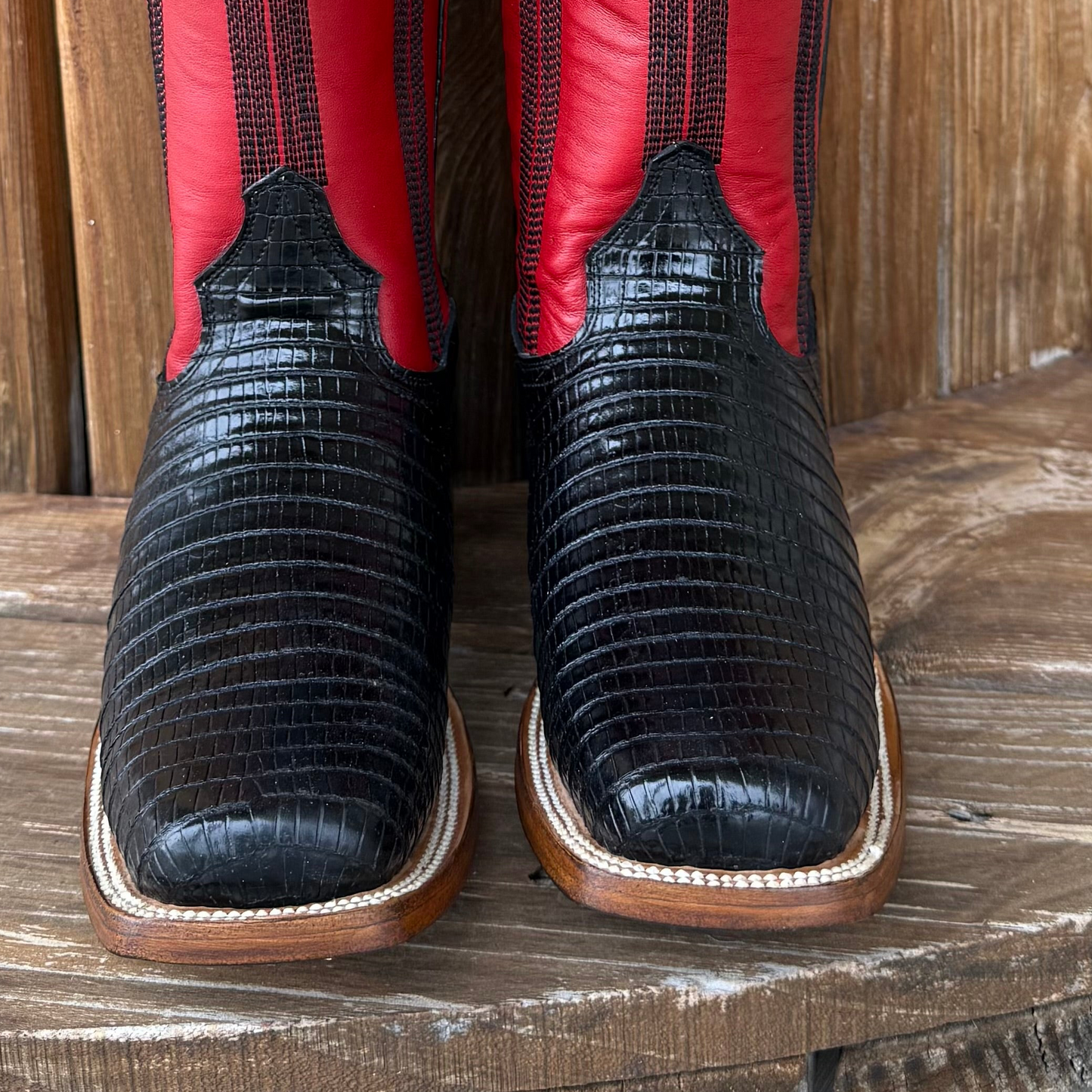 Signature Turquoise Reata Boot – The Liza, Black Lizard Print & Red Tulip Top Square Rodeo Toe Boot