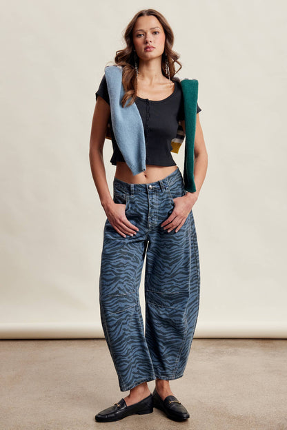 Zebra Print Barrel Jeans Mocha