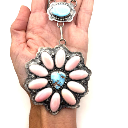 34" + 5" drop Golden Hills Turquoise & Pink Conch Statement Necklace