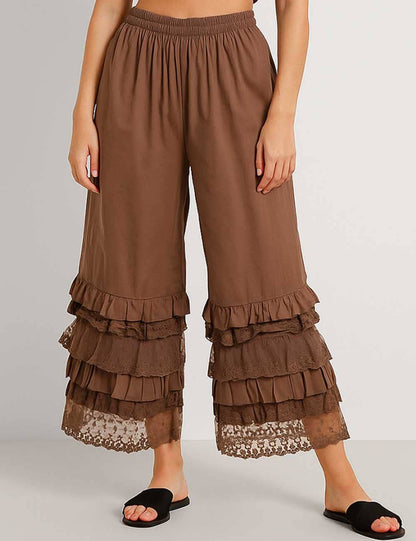 Sophie Lace Ruffle Wide Leg Pants: Coffee