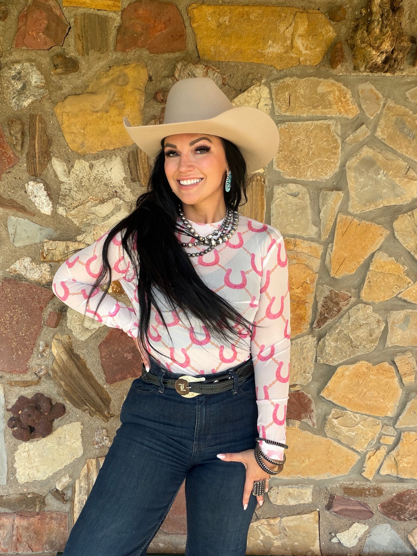 Pink Horse Shoe Mesh Top