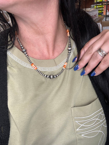 18” Orange Spiny & Sterling Silver Pearl Necklace II