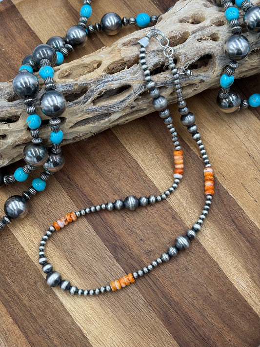 18” Orange Spiny & Sterling Silver Pearl Necklace II