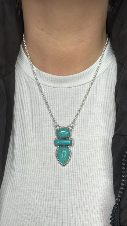 18" Turquoise Three Stone Sterling Silver Necklace