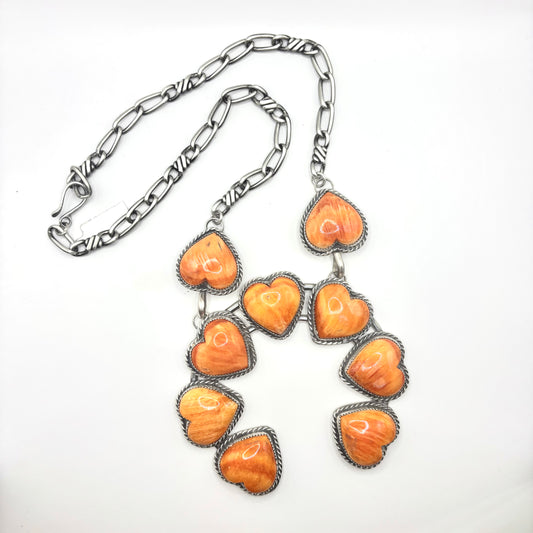 18" Orange Spiny Oyster Heart Necklace by Navajo Artist Gilbert Nez