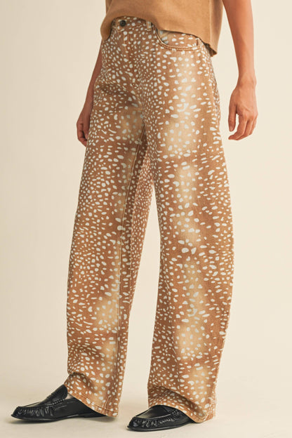 Bambi Deer Print Barrel Jeans: CAMEL
