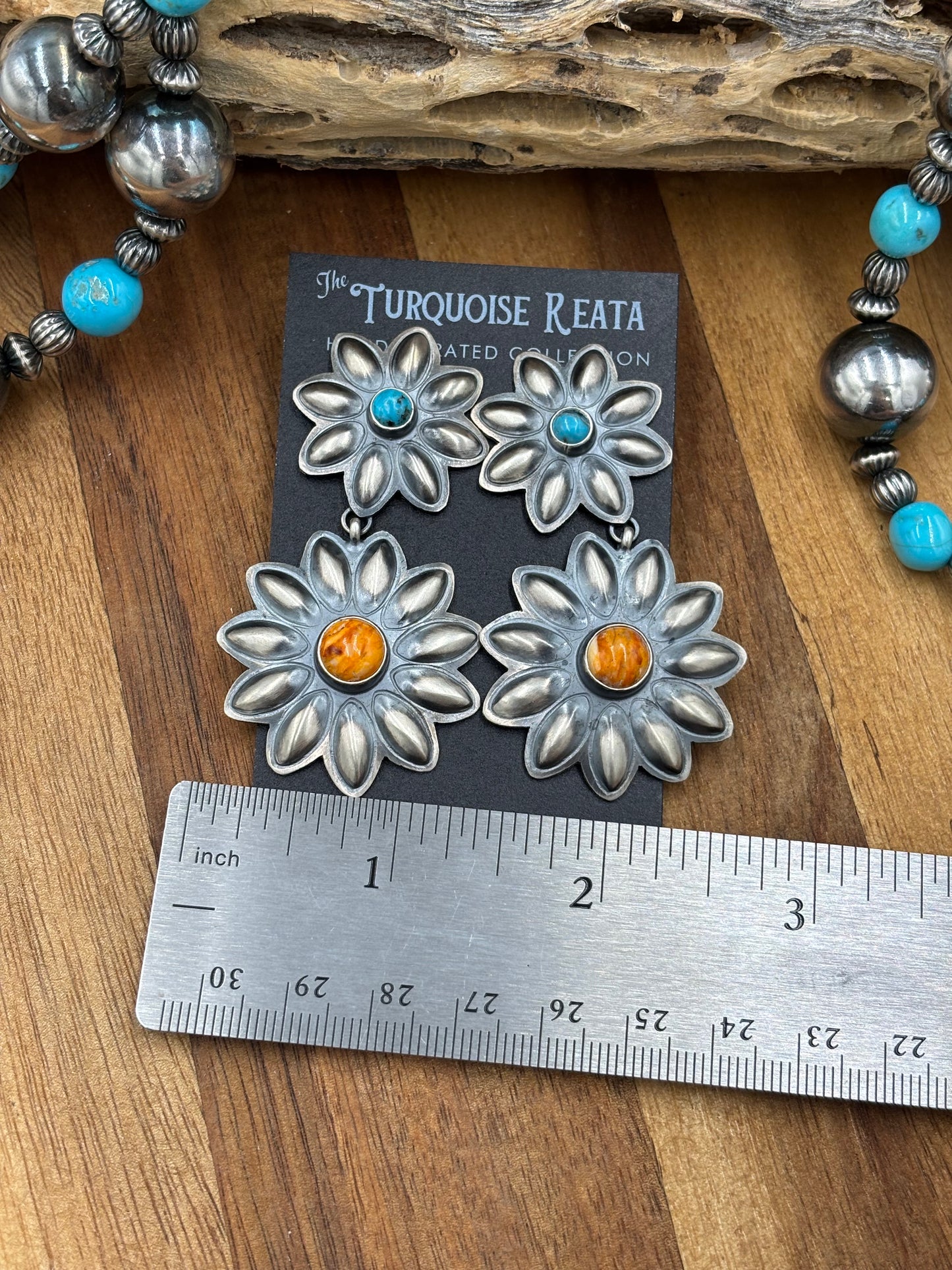 Orange Spiny & Turquoise Flower Concho Earrings by Robert Johnson, Navajo