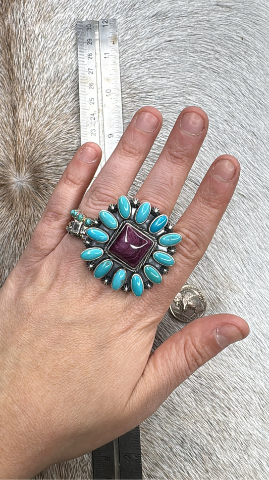 Adjustable Ring Purple Spiny Oyster & Turquoise Cluster