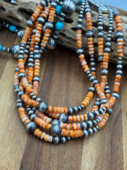 18” Orange Spiny & Sterling Silver Pearl Necklace